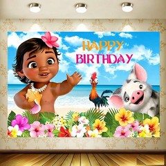 Girls Moana Beach Flower Backdrop Happy Birthday Background Photo Banner Decor