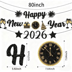 Black Gold New Years Decorations 2026 Glitter Happy New Year Banner New Years