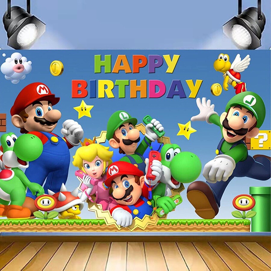 Super Mario Bros. Theme Party Decoration, 5×3.5ft Happy Birthday Backdrop