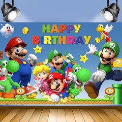 Super Mario Bros. Theme Party Decoration, 5×3.5ft Happy Birthday Backdrop