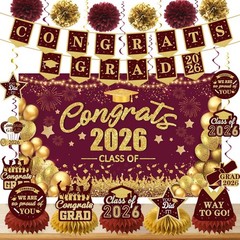 Maroon Gold Graduation Decor Pack 2026 – Congrats Grad Banner, Backdrop, Centerp