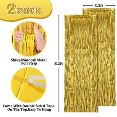 2 Pack Foil Fringe Backdrop Curtains, Tinsel 39.6″W x 98.4″L (Pack of 2) Gold