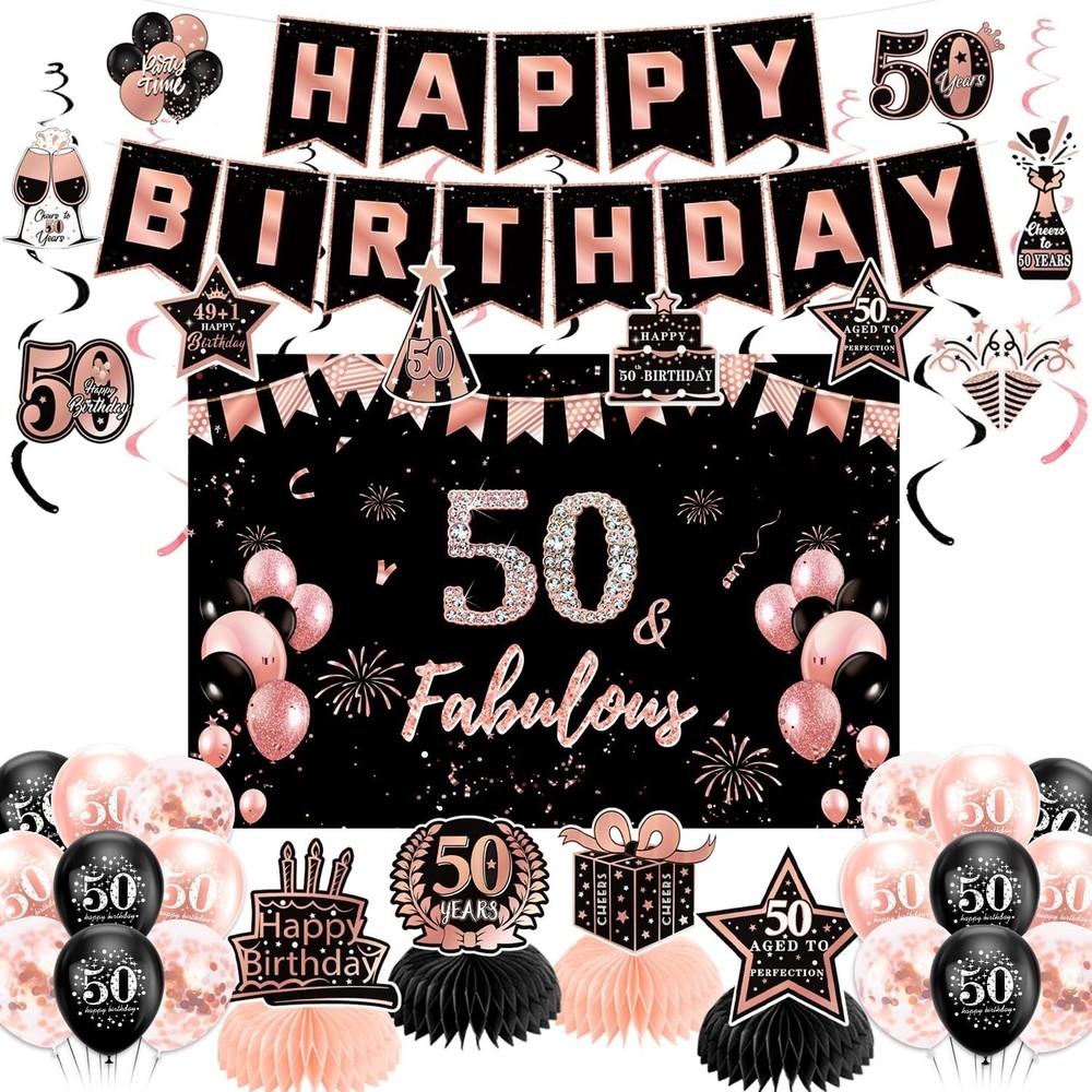50th Birthday Decorations for Women, Pre-Strung Black Rose Gold Happy Birthday B