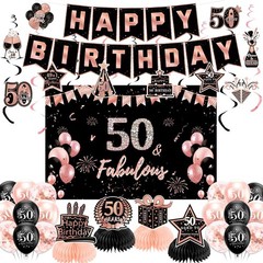50th Birthday Decorations for Women, Pre-Strung Black Rose Gold Happy Birthday B