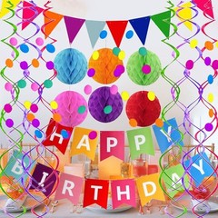 Fecedy Happy Birthday Banner with Colorful Paper Flag Bunting Paper Circle Confe