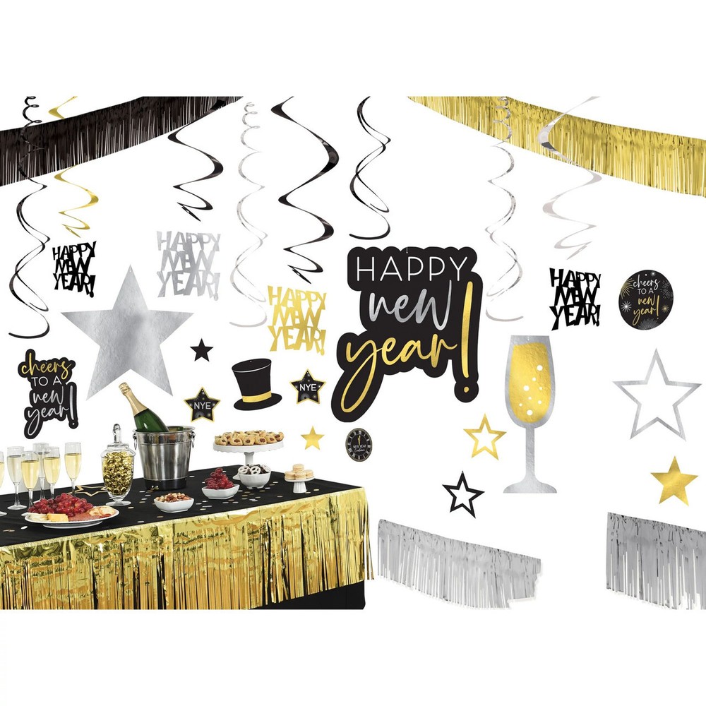 New Years Eve Giant Room Decorating Kit 28 Pc Black Silver Gold
