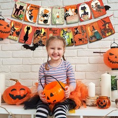 Vintage Halloween Decorations Trick or Treat Banner, Cats, Witches, Ghosts