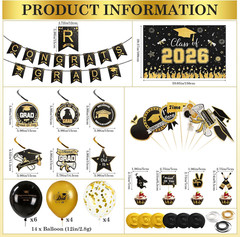 Black and Gold Graduation Decorations 2026 Kit 34 Pcs Party Supplies Class of 20