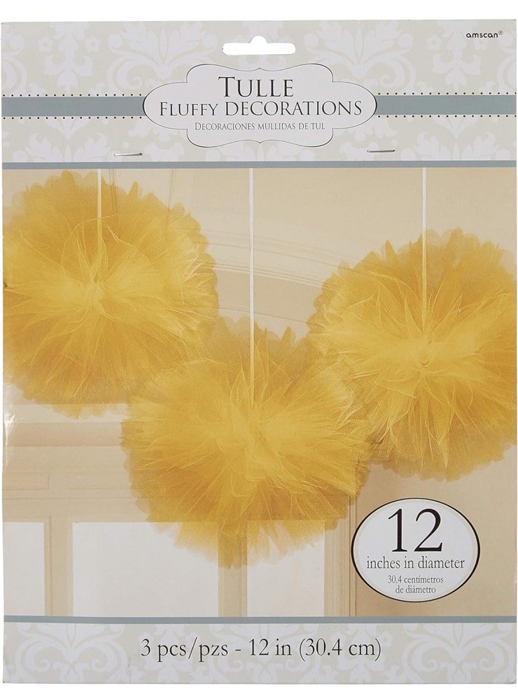 GOLD TULLE LARGE FLUFFY POM POM DECORATIONS (3) ~ Wedding Birthday Supplies