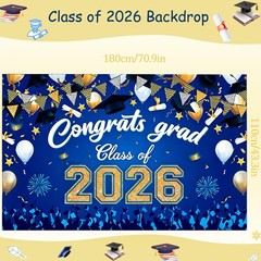 Blue Gold Graduation Decorations 2026 Congrats Grad Banner Cake Topper Balloons