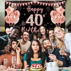 40th Birthday Decoration Backdrop Banner – Black Rose Gold Happy 40