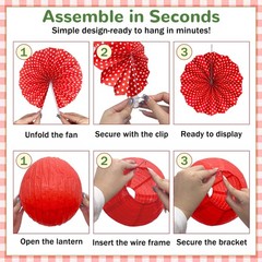 15 Pcs Red Gingham Party Decorations 12 Inch Paper Lanterns and Fans for Picnic