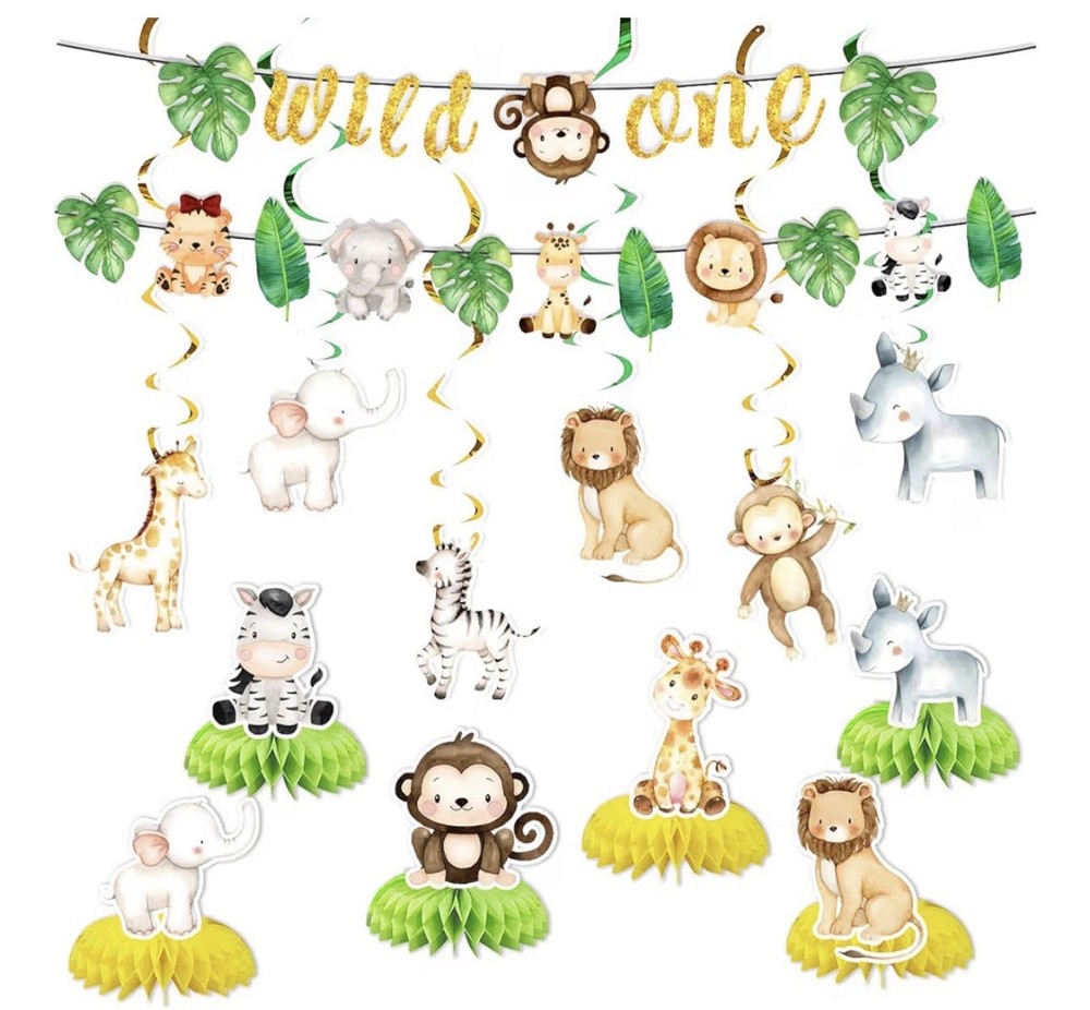 Wild One Birthday Party Decor – 19 Pieces. Animals And Streamers