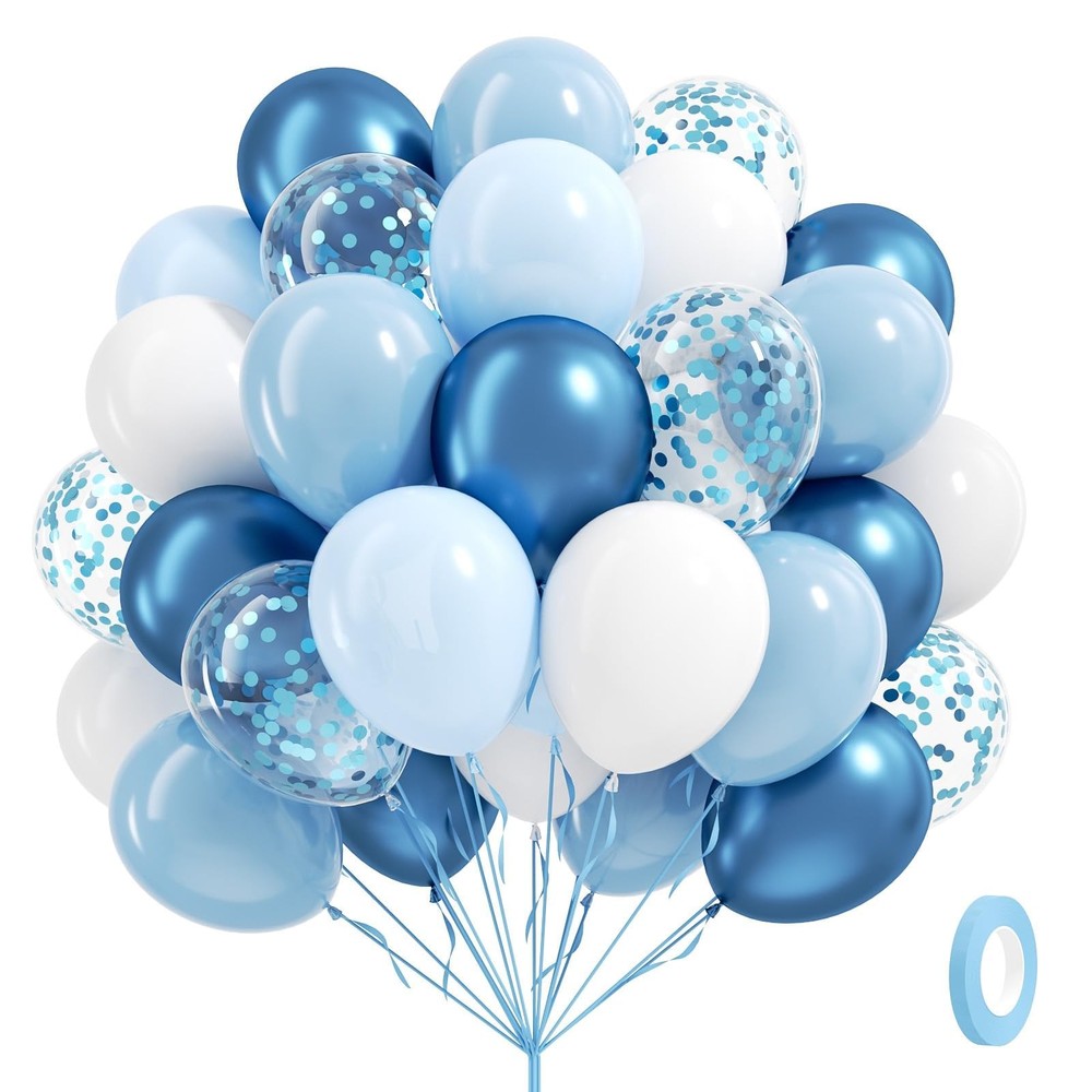 60pcs Blue and White Balloons 12inch with Pastel Pearl Light Blue Confetti Wh…