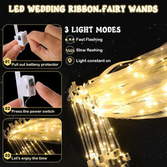 50 Wedding Wands with Ribbons and Bells, LED Silk Fairy Wands (Warm White)