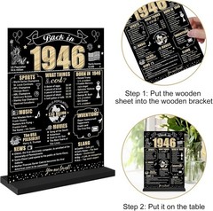 Black Gold 80Th Birthday Decorations Back in 1946 Table Sign for Women Men, Two-