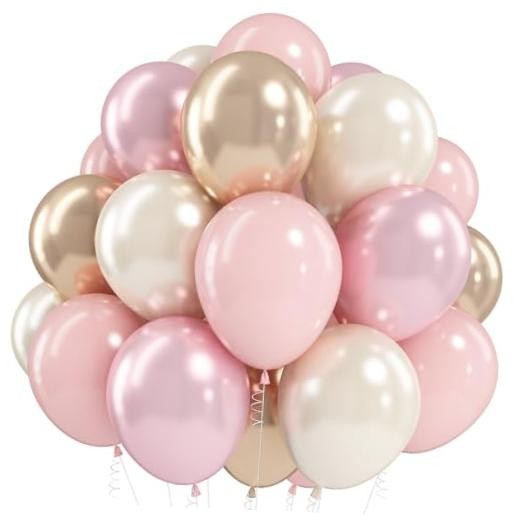White Pink Gold Balloons Set, 12 Inch Double Stuffed Pearl White Pink White