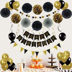 Birthday Decoration Set, Happy Birthday Banner, Paper Fans, Pom Poms, Balloons