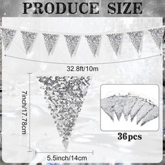 2026 Graduation Decoration 32.8ft Silver Sequin Fabric Triangle Pennant Banner F