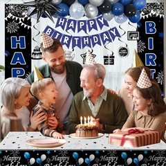 Blue & Black Birthday Party Decorations – Balloons, Banner, Tablecover, Fringe C