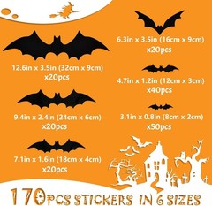 Bats Wall Decor Halloween PVC 3D Black Scary Bat Stickers Party Decor, 170Pcs