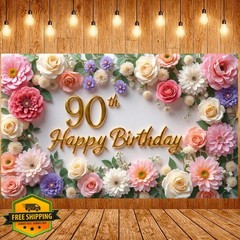 LUUFILx 90th Birthday Banner Pink Roses