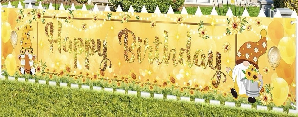 Sunflower Gnome Happy Birthday Banner, New Yellow Sunflower Sun Flower Floral