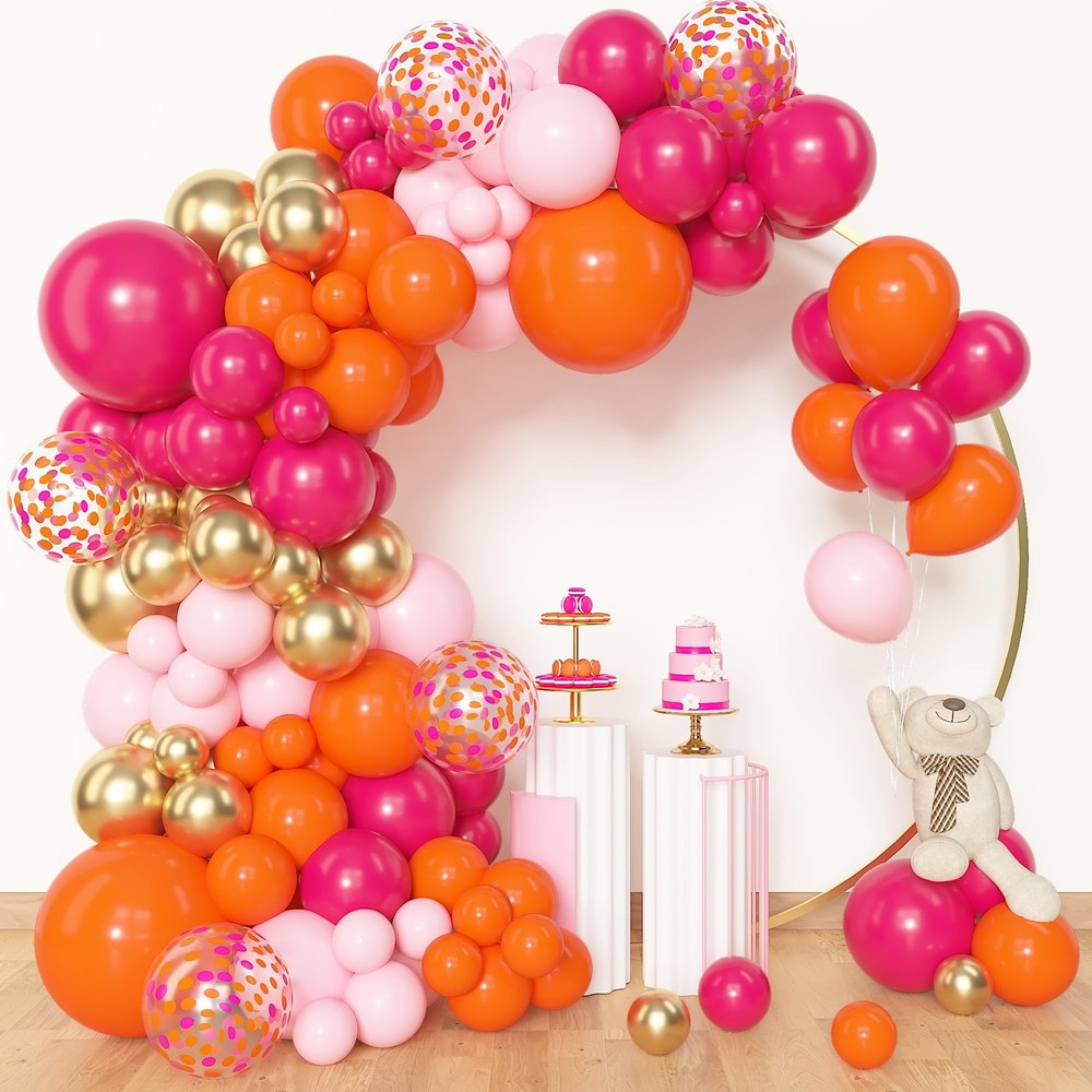 153Pcs Pink and Orange Balloon Arch Kit, Different Sizes 18 12 10 5 Inch Meta…