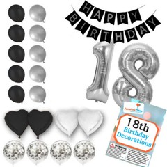 18th Birthday Decorations – Silver and Black Theme – Balloons, Banner – Him Her