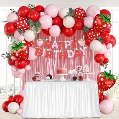 Strawberry Birthday Party Decorations with Pink Fringe Curtain Happy Birthday…
