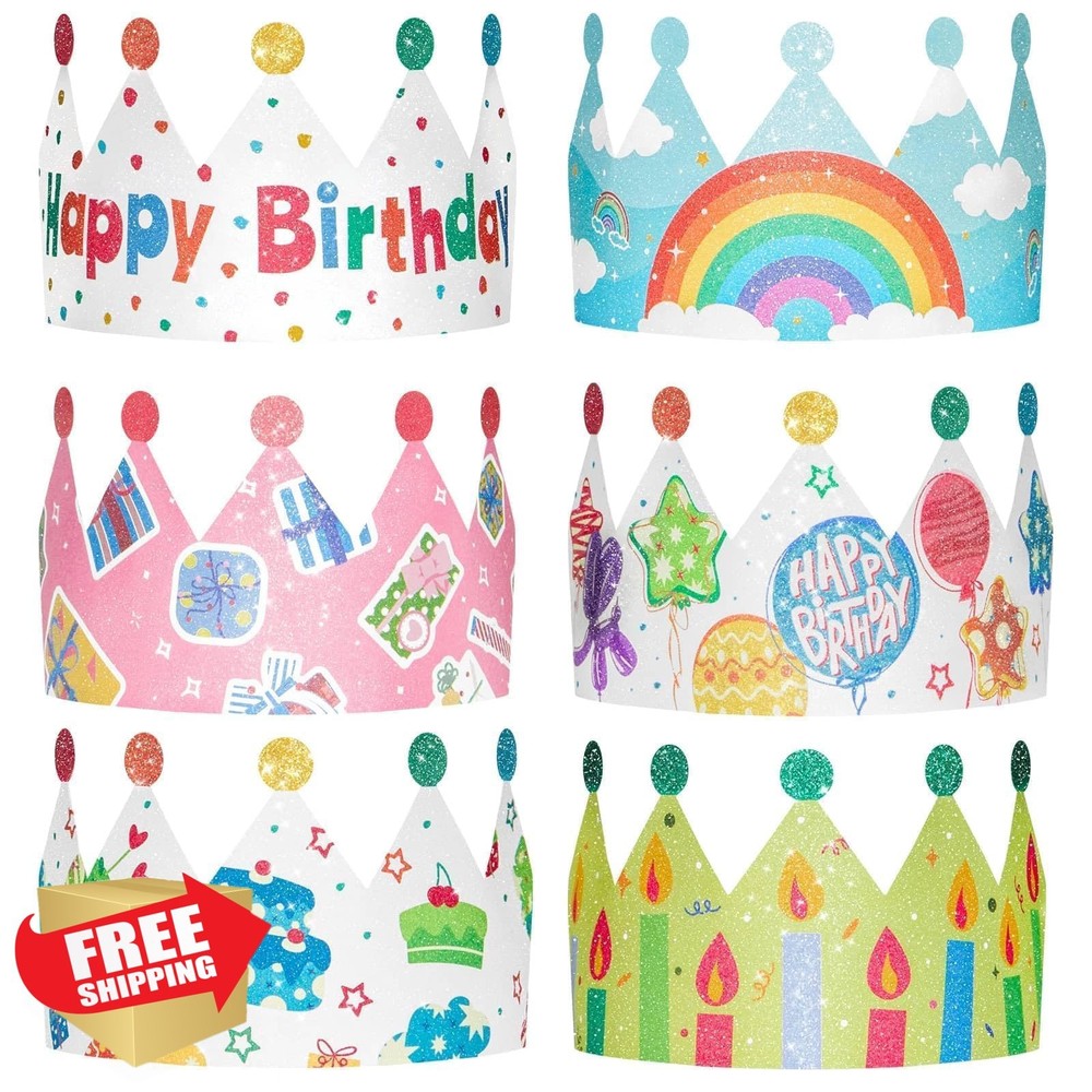 WERNNSAI 12PCS Birthday Crowns, Paper Party Hats, Elastic Band