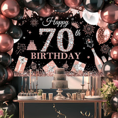Happy 70Th Birthday Banner for Women Black and Rose Gold Glitter Balloon 70 Birt