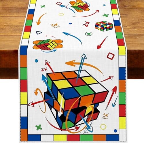 Puzzle Cube Table Runner Colorful Magic 3D Geometric Cube Retro Game Birthday