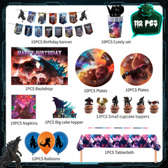 Godzilla Party Decorations& Tableware 112 Pcs Tablecloth Balloons Backgdrop Cups