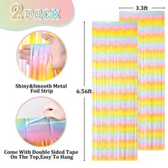 2 Pack Pastel Rainbow Foil Fringe Backdrop Curtains Tinsel Streamers for Party