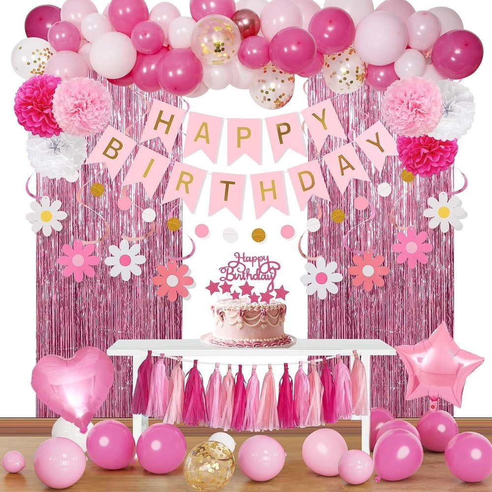 Pink Red Happy Birthday Party Decorations Kits for Girls Women with Happy Birthd