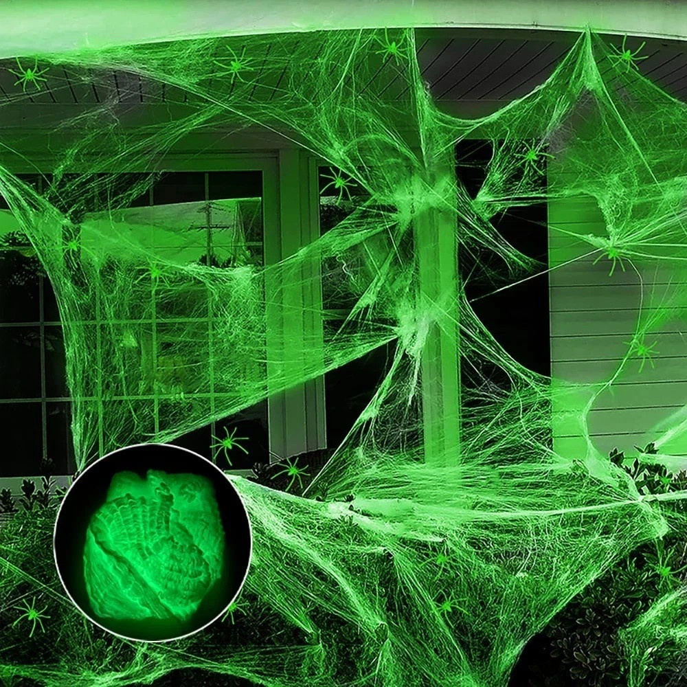 Glow in the Dark Halloween Spider Webs Fluorescent Cobweb with Glow Fake Spiders