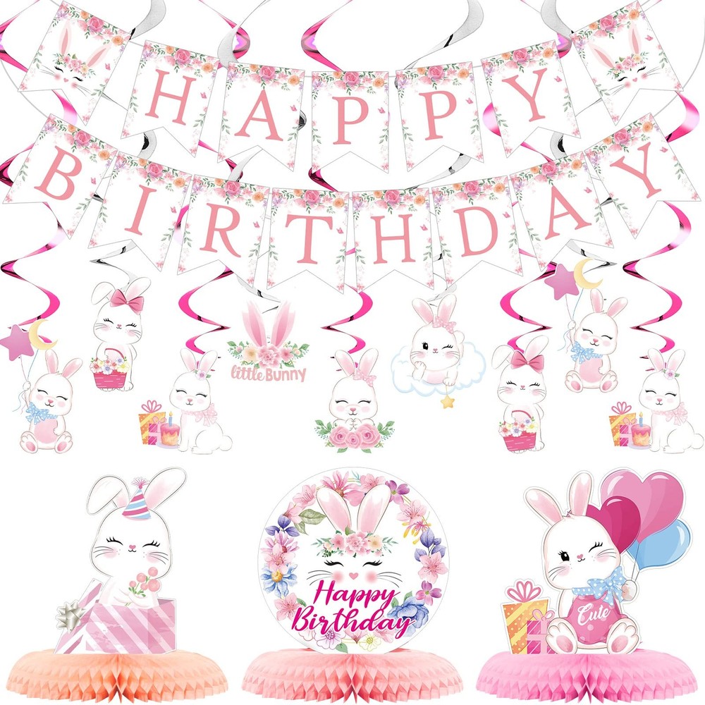 26 Pcs Easter Bunny Birthday Party Decorations Kit Supplies Bunny Birthday Ba…