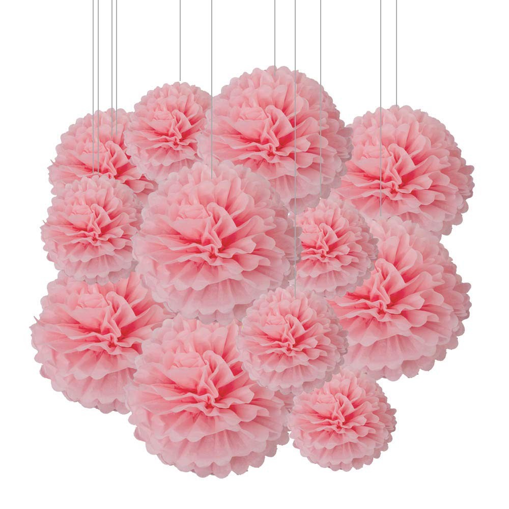 12 PCS Light Pink Paper Pom Poms Ceiling Wall Hanging Tissue Flowers 10×12 Inch