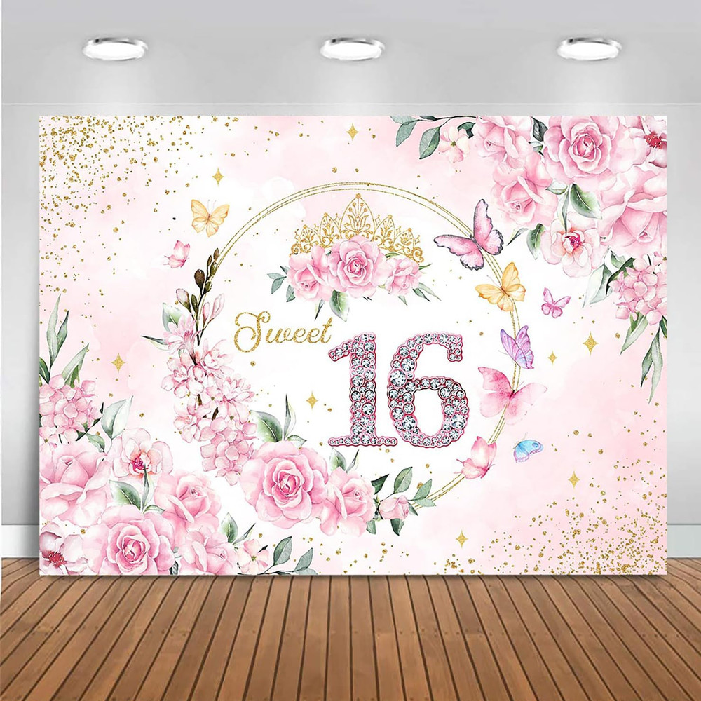 7x5ft Sweet 16 Backdrop Banner Decorations for Girls Birthday Party Pink Floral