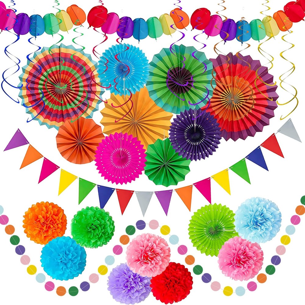 Cinco De Mayo Decor Set 33Pcs, Paper Fans Pom Poms Banner, Multicolor