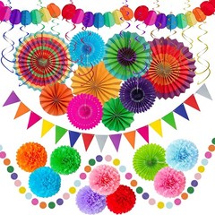 Cinco De Mayo Decor Set 33Pcs, Paper Fans Pom Poms Banner, Multicolor