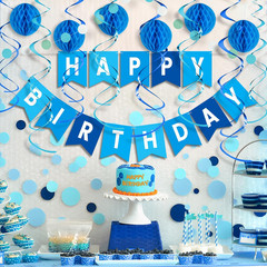Blue Birthday Decorations Kit – 16-Piece Set with Pre-Strung Happy Birthday Bann