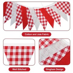 Red and White Gingham Fabric Bunting Banner, 32Ft Cotton Burlap Triangle Garl…