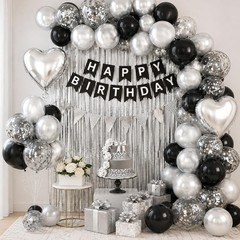 Happy Birthday Party Decorations Black Silver Balloons and Fringe Curtain Set
