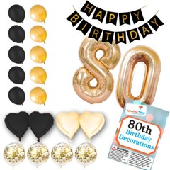 80th Birthday Decorations – Gold and Black Theme – Balloons, Banner – Him or Her