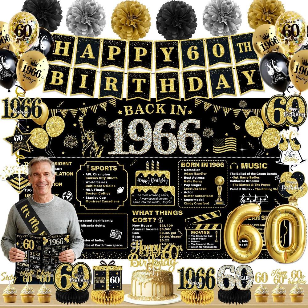 60Th Birthday Decorations for Men Women Black Gold, 63PCS Pre-Strung Happy Birth