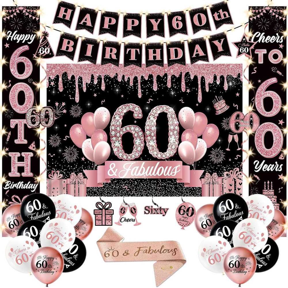 60Th Birthday Decorations for Women, 58Pcs Happy 60Th Birthday Party Supplies, L