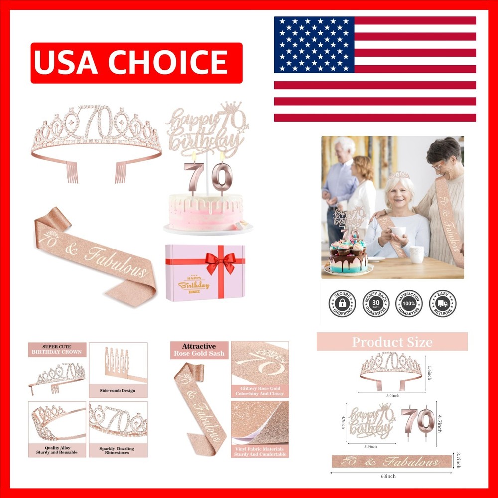 Gorgeous 70th Birthday Decorations for Women: Sash & Tiara Gift Set in Rose Gold