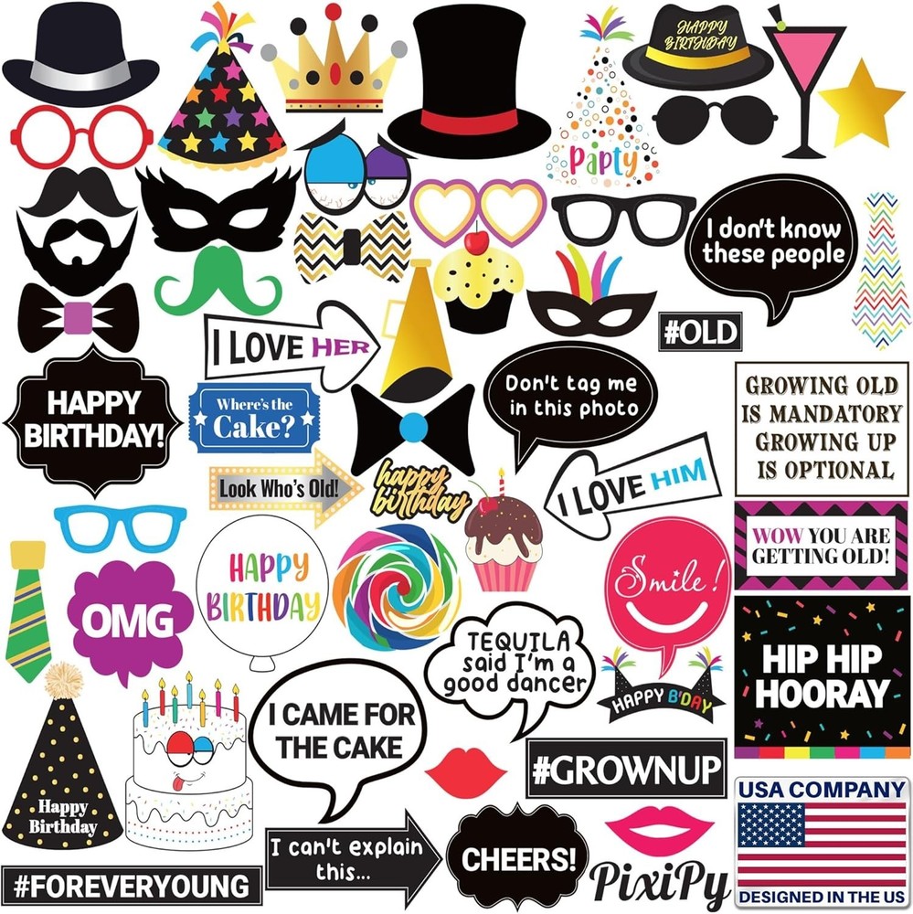 Delightful 54-Pc Multicolored Photo Booth Props Kit for Memorable Birthdays